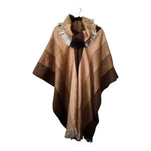 Artisans Wool Poncho Cowl Neck Made in Ecuador Browns Neutral Warm Cozy One Size